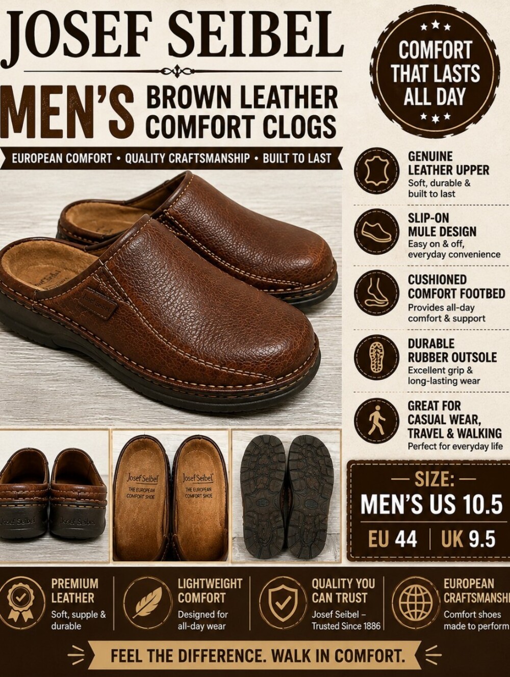 Josef Seibel Men's Brown Leather Comfort Clogs Mule Slip-On Shoes EU 44 US 10.5